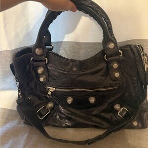 Balenciaga Black Leather Shoulder Bag with Silver Accents